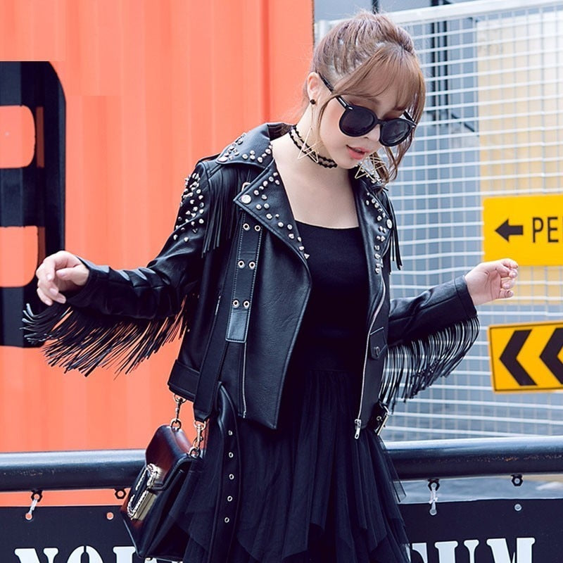 Fringed Rivet Punk Leather Jacket Women PU Leather Jacket Locomotive Short Coat motorcycle Outerwear Ladies Coats