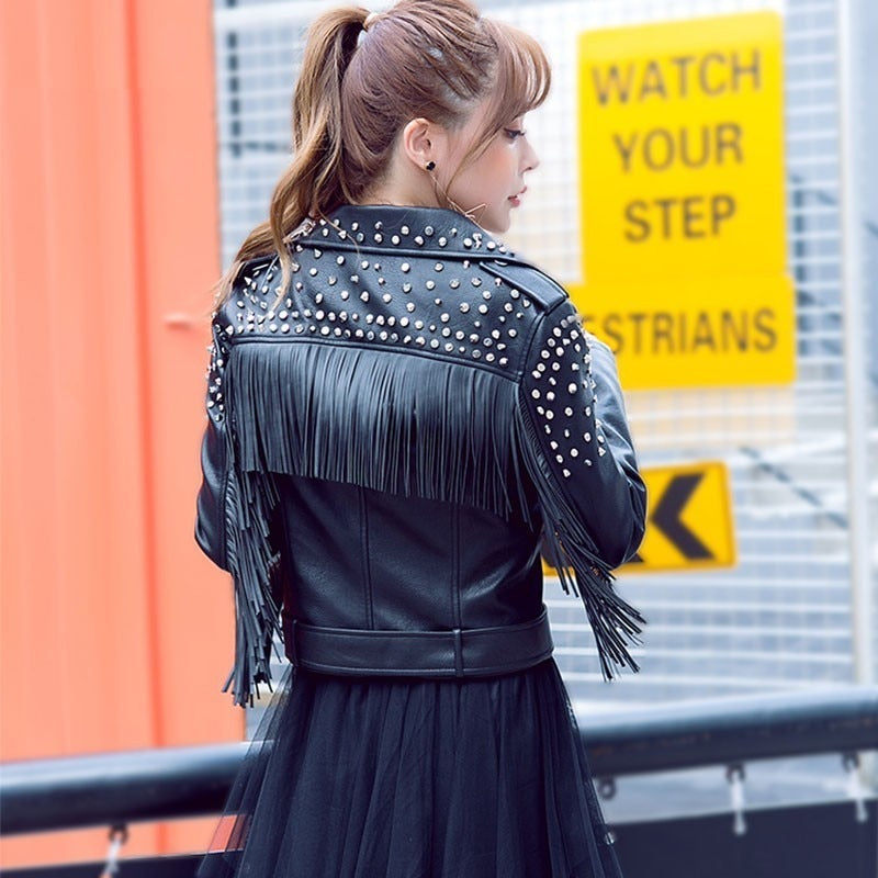 Fringed Rivet Punk Leather Jacket Women PU Leather Jacket Locomotive Short Coat motorcycle Outerwear Ladies Coats