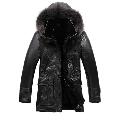 Men's Designer Black Lamb Fur Lined Leather Hooded Coats