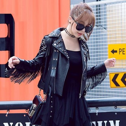 Fringed Rivet Punk Leather Jacket Women  PU Leather Jacket Locomotive Short Coat motorcycle Outerwear Ladies Coats